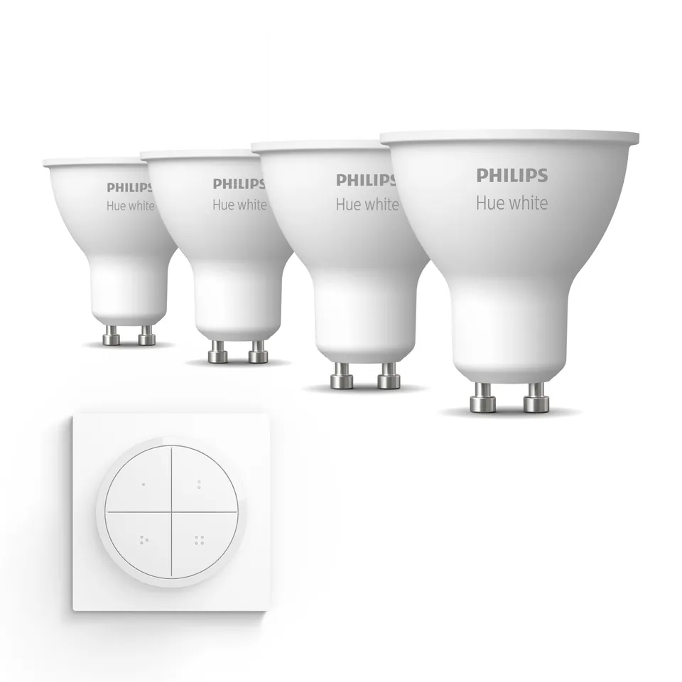 philips-hue-vorteilspaket-gu10-4-white-led-strahler-warmwei-dimmbar-inkl-hue-tap image 1