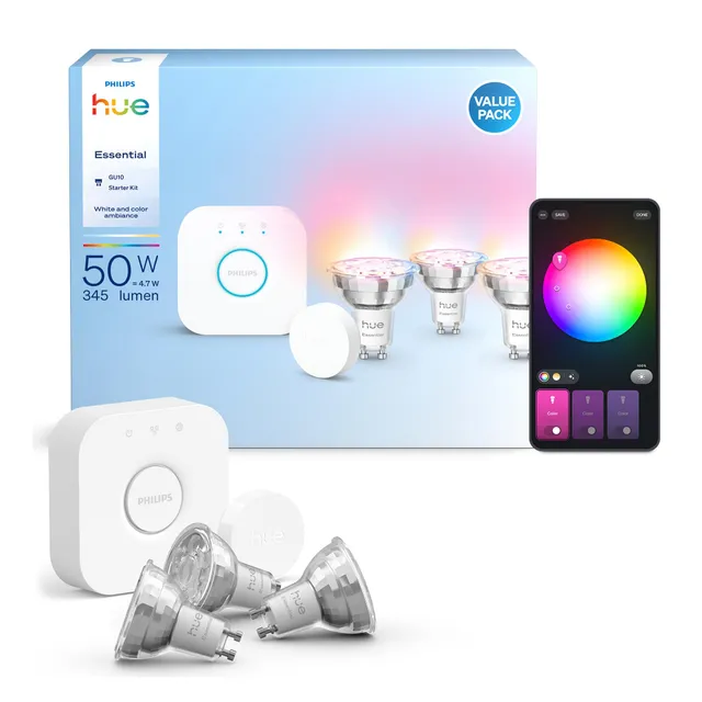philips-hue-essential-starter-set-bridge-3x-gu10-white-color-ambiance-smart-leuc image 1