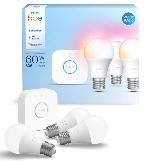 philips-hue-essential-starter-kit-mit-3-e27-lampen-wei-und-farbatmosph-re-806-lu image 1