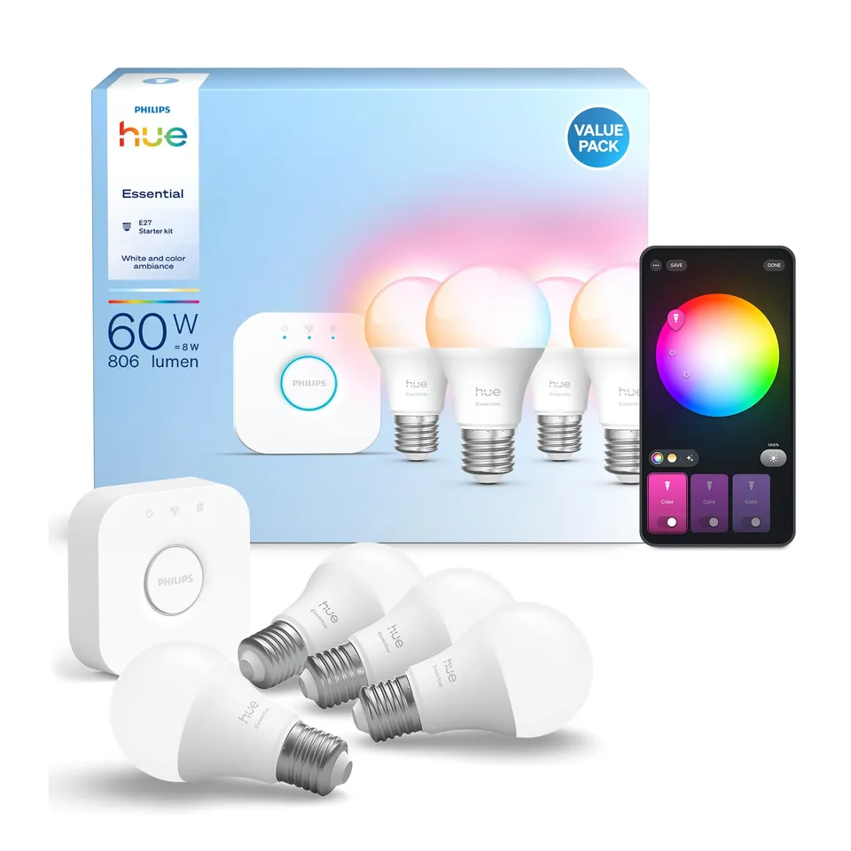 philips-hue-essential-starter-set-mit-hue-bridge-und-4x-e27-white-color-ambiance image 1