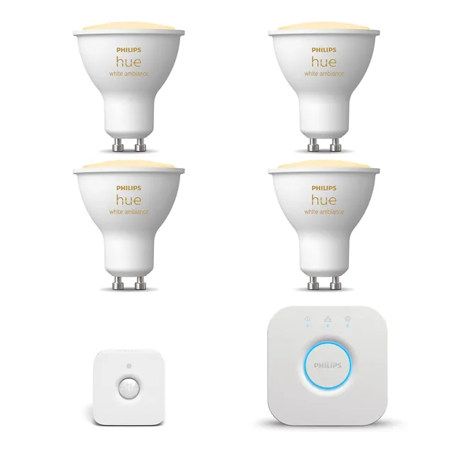 philips-hue-white-ambiance-starterkit-4x-gu10-spots-warm-kaltwei-inkl-hue-bridge image 1