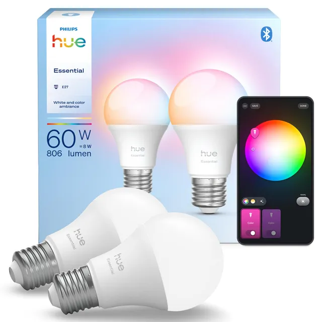 philips-hue-essential-8w-e27-smart-led-lampe-a60-white-color-806-lumen-2er-ecopa image 1