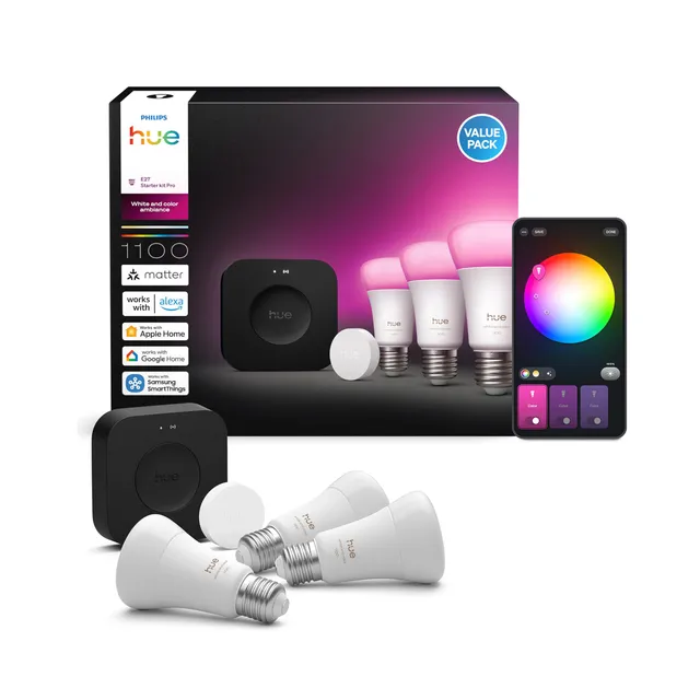 philips-hue-starter-kit-bridge-pro-3x-e27-white-color-ambiance-smart-lampen-smar image 1
