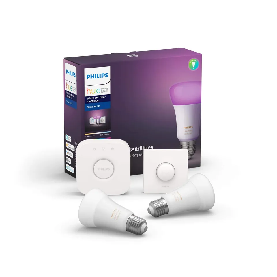 philips-hue-white-color-ambiance-e27-starter-set-2x800-lm-hue-bridge-16-mio-farb image 1