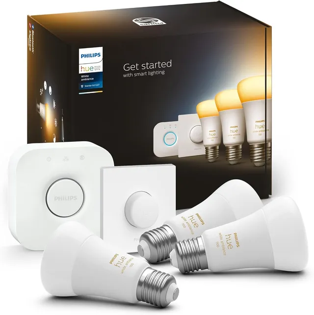 philips-hue-white-ambiance-e27-3er-starter-set-inkl-smart-button-3-led-lampen-hu image 1