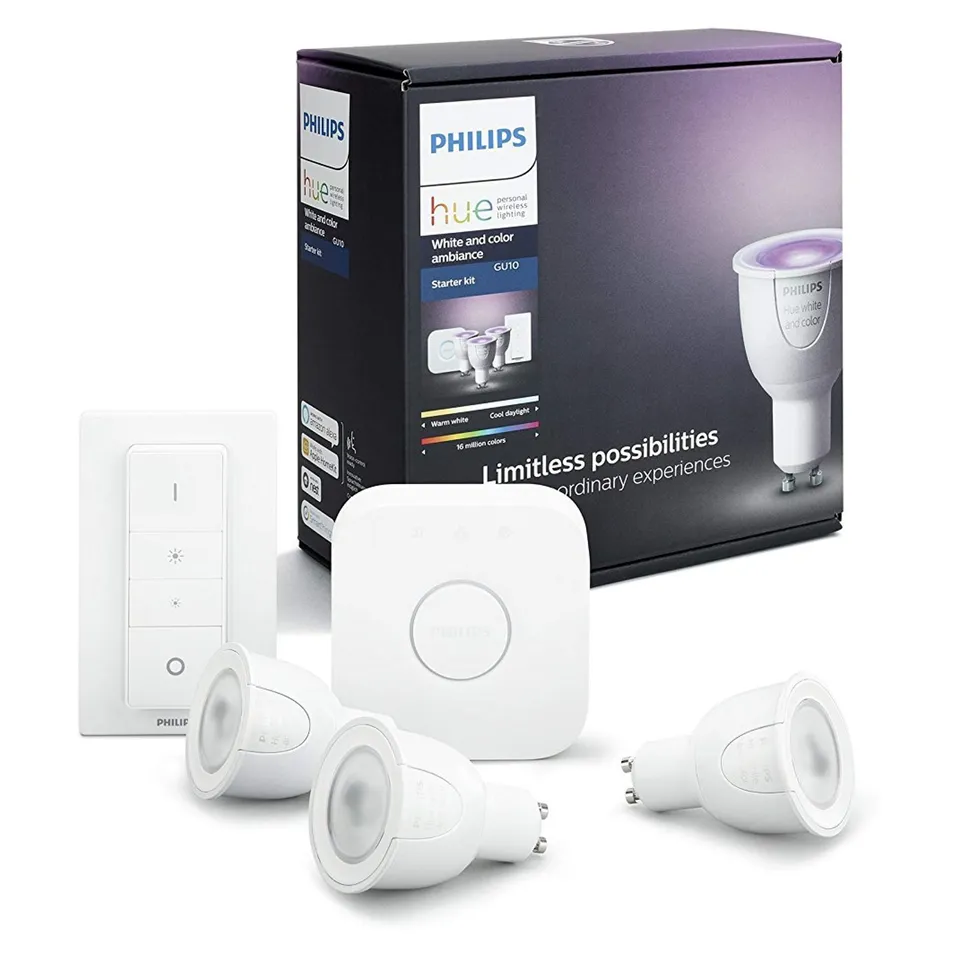 philips-hue-white-color-ambiance-gu10-3er-starter-set-3x230-lm-hue-bridge-16-mio image 1