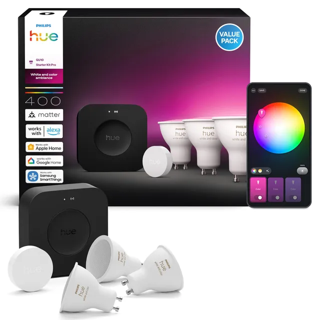 philips-hue-starter-kit-bridge-pro-3-gu10-white-color-ambiance-smart-spots-smart image 1