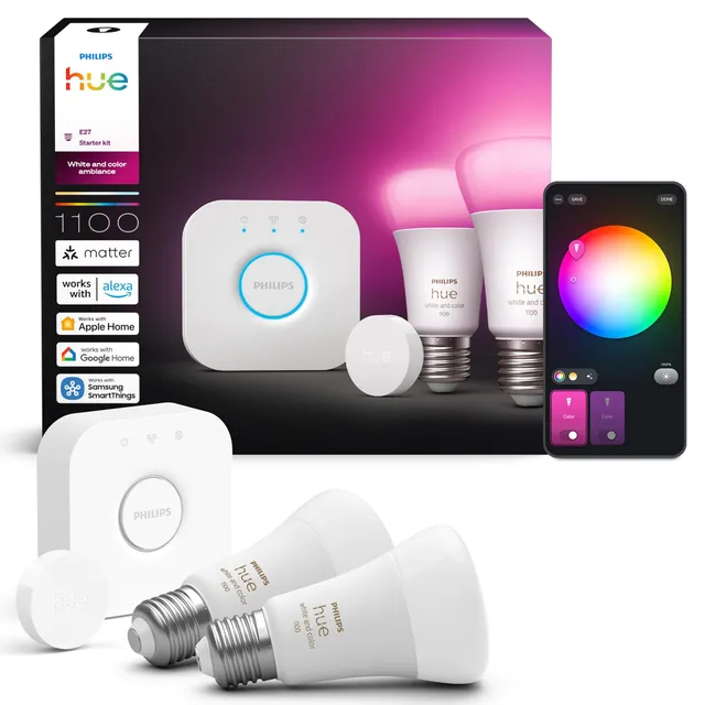 philips-hue-starter-set-bridge-2x-e27-white-color-ambiance-lampen-smart-button-1 image 1
