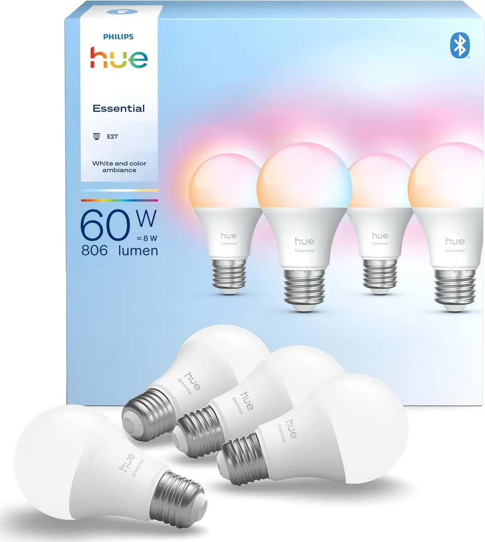 philips-hue-essential-smart-led-a60-lampe-4er-pack-wei-es-und-buntes-e27-leuchtm image 1