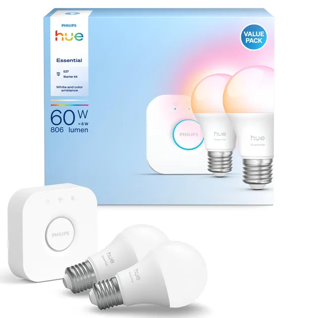 philips-hue-essential-starter-set-2x-e27-leuchtmittel-mit-806-lumen-inkl-hue-bri image 1