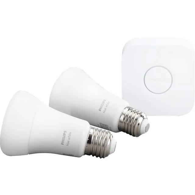 philips-hue-white-e27-2er-starter-set-mit-hue-bridge-dimmbare-warmwei-e-led-lamp image 1