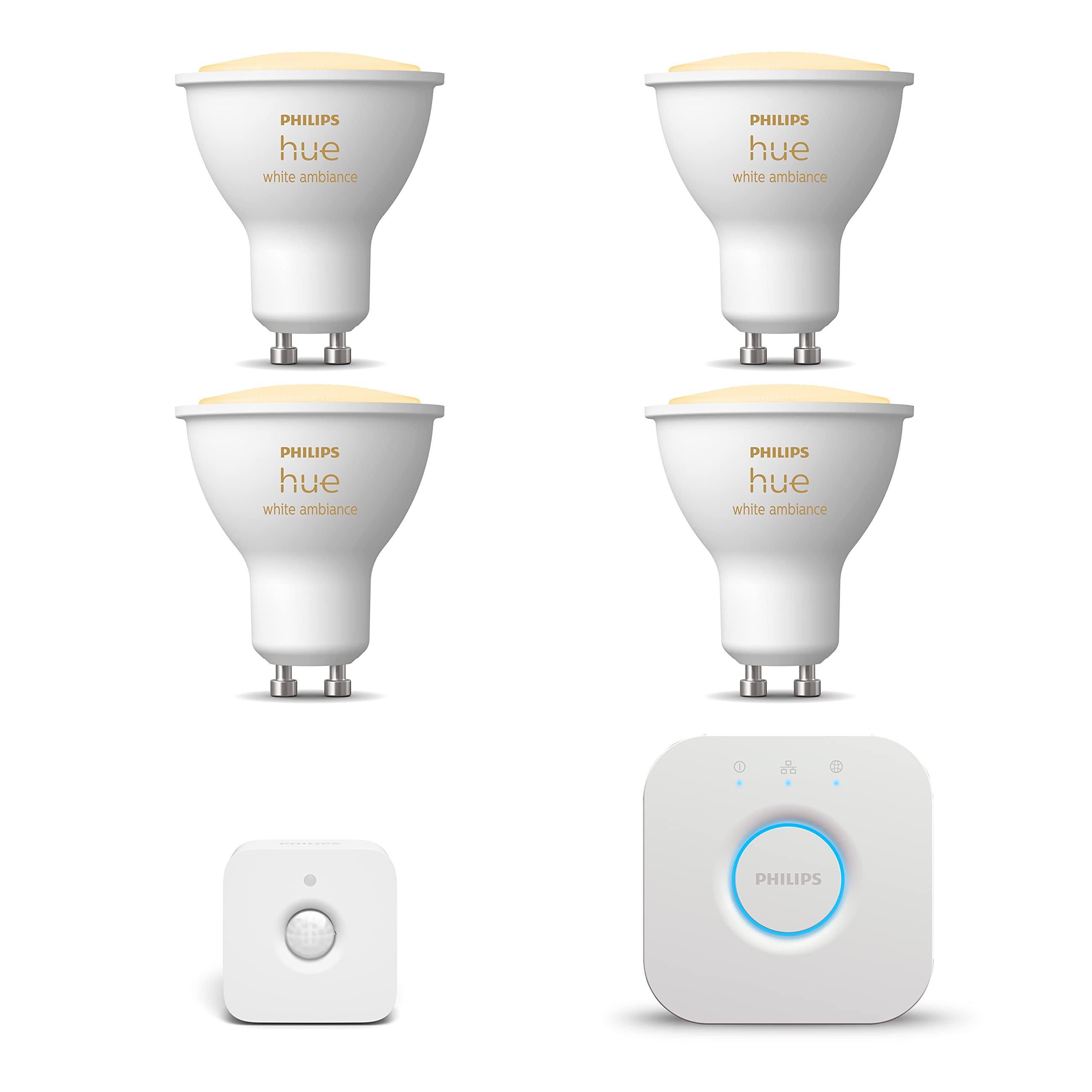 philips-hue-white-ambiance-starterkit-4x-gu10-spots-warm-kaltwei-inkl-hue-bridge image 1