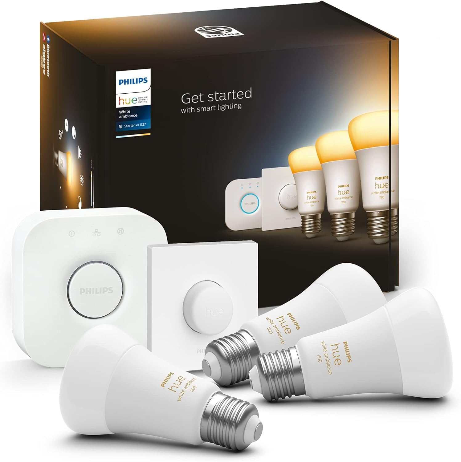 philips-hue-white-ambiance-e27-3er-starter-set-inkl-smart-button-3-led-lampen-hu image 1