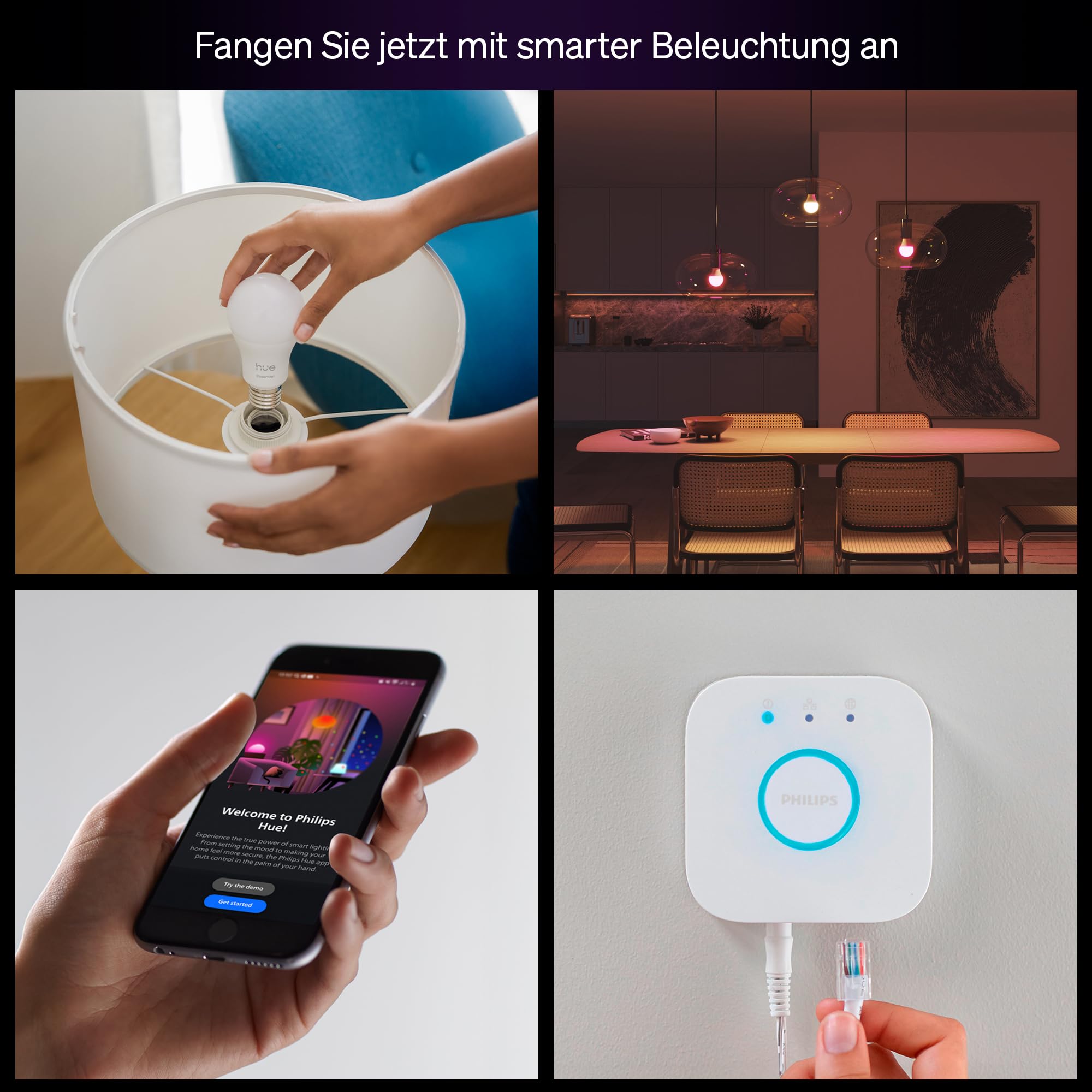 philips-hue-essential-starter-set-mit-hue-bridge-und-4x-e27-white-color-ambiance image 2