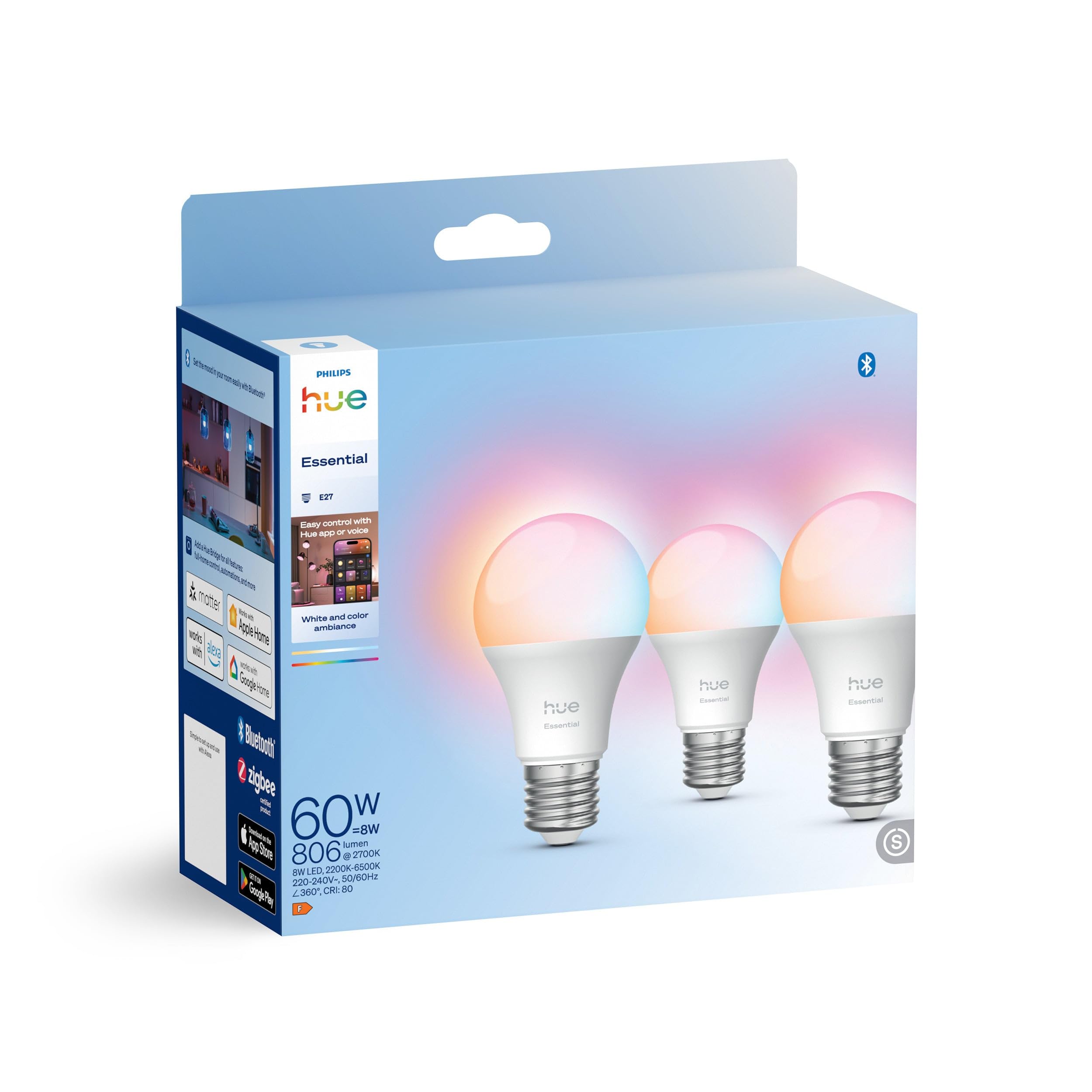philips-hue-essential-smart-lampe-e27-white-and-color-ambiance-806-lm-3er-pack-b image 2