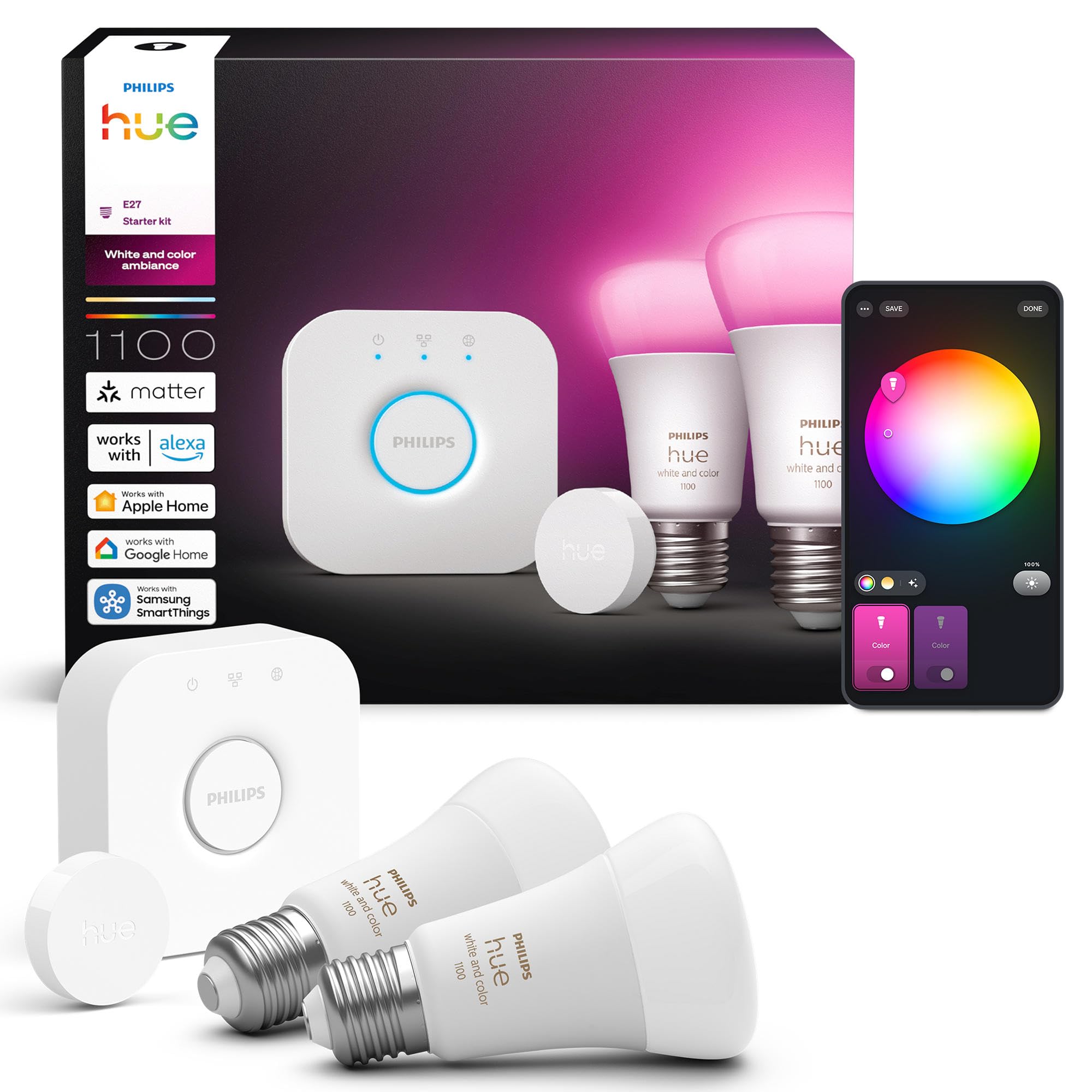 philips-hue-starter-set-bridge-2x-e27-white-color-ambiance-lampen-smart-button-1 image 1