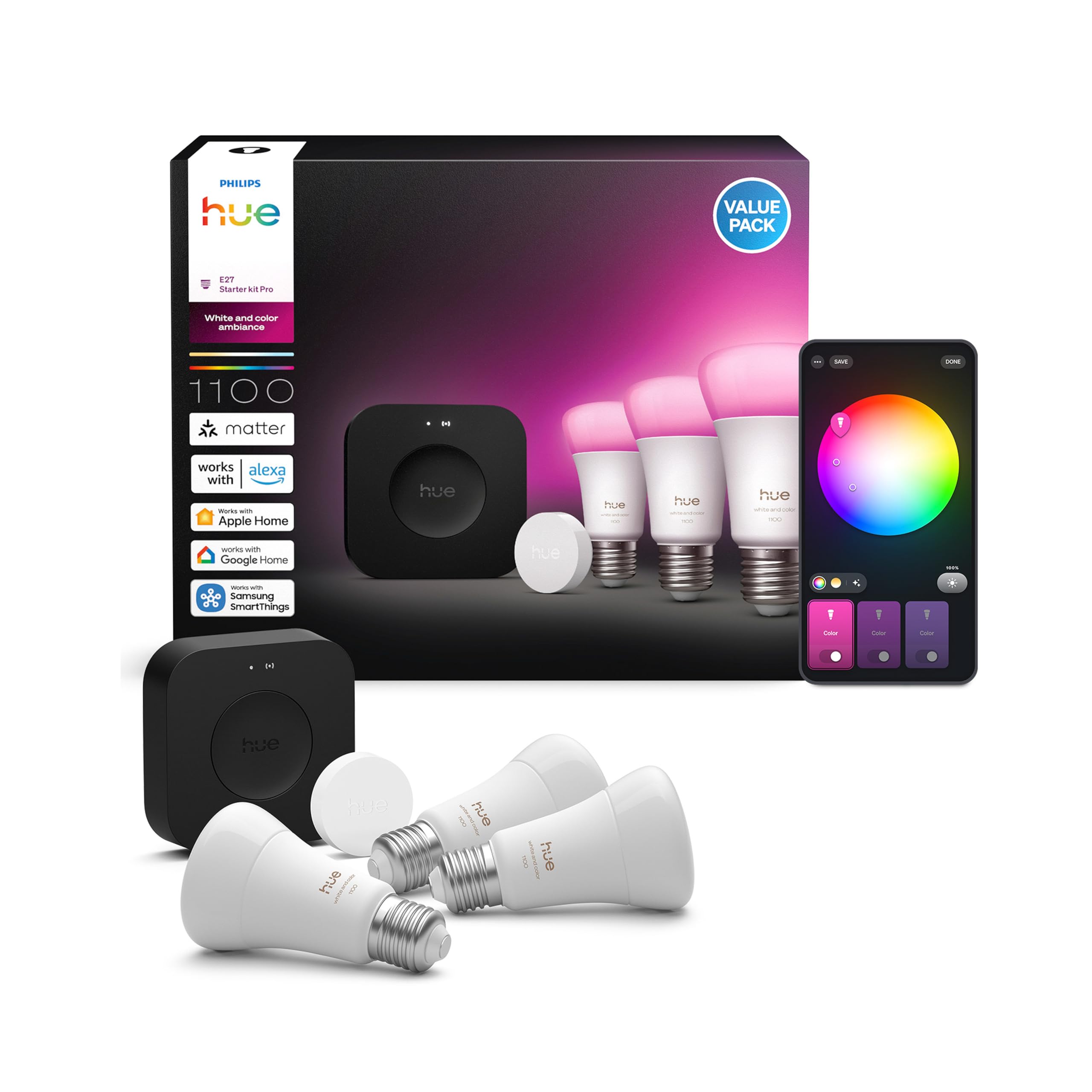 philips-hue-starter-kit-bridge-pro-3x-e27-white-color-ambiance-smart-lampen-smar image 1