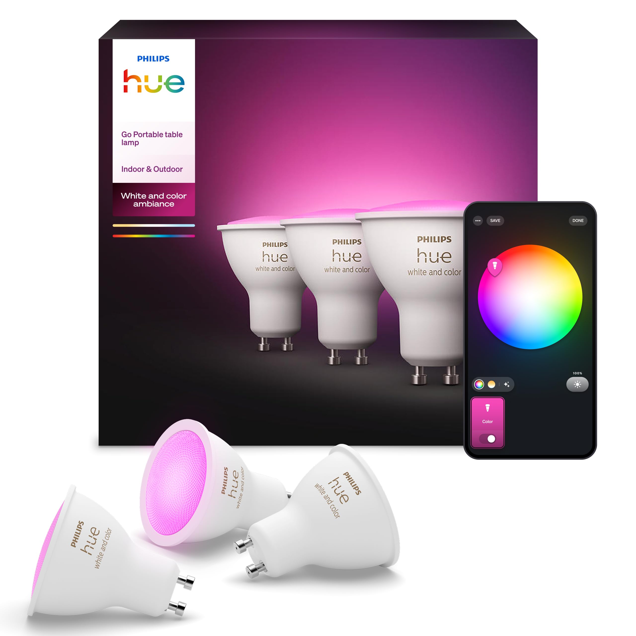 philips-hue-white-color-ambiance-gu10-led-spot-3er-pack-400-lm-16-mio-farben-mat image 1