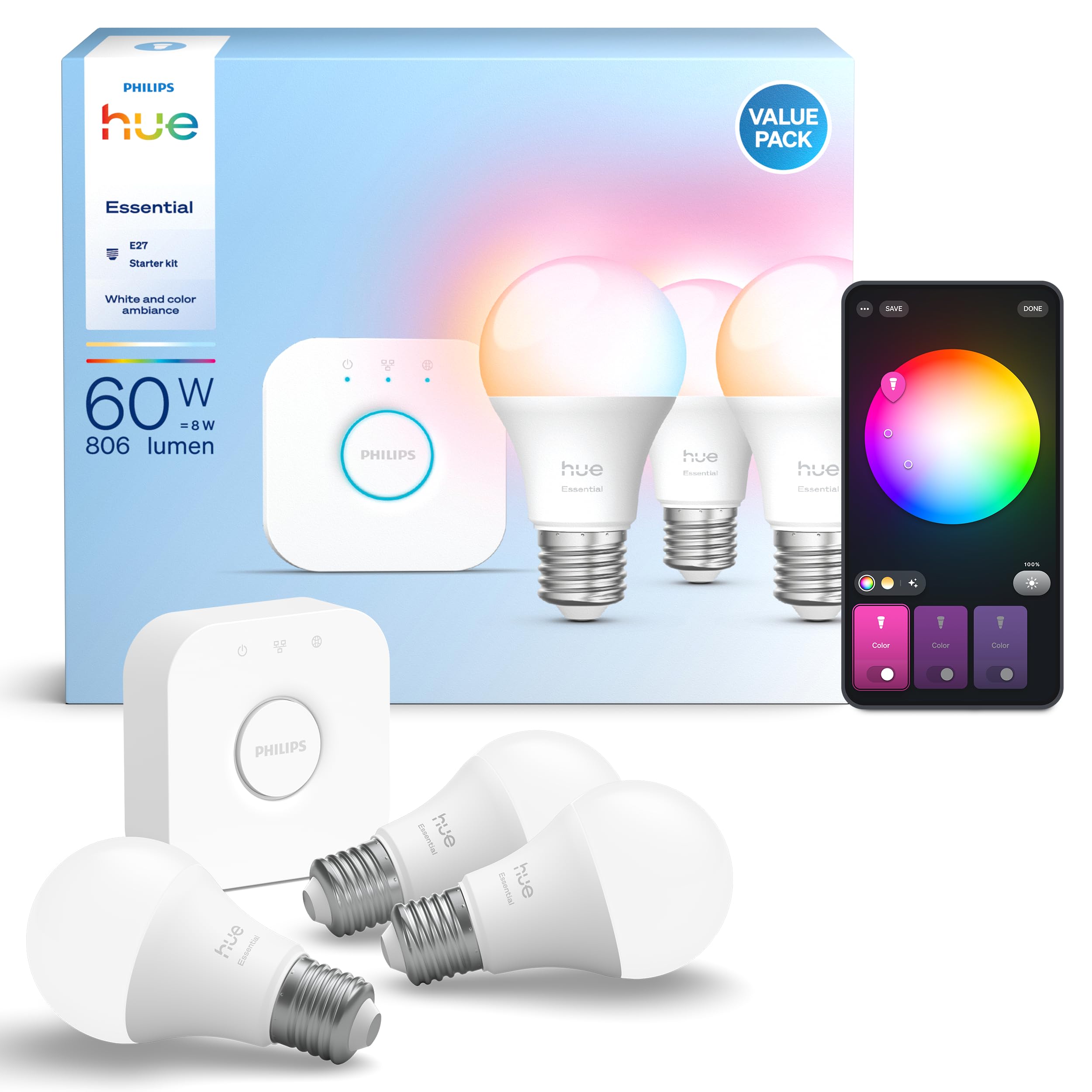 philips-hue-essential-starter-kit-mit-3-e27-lampen-wei-und-farbatmosph-re-806-lu image 2