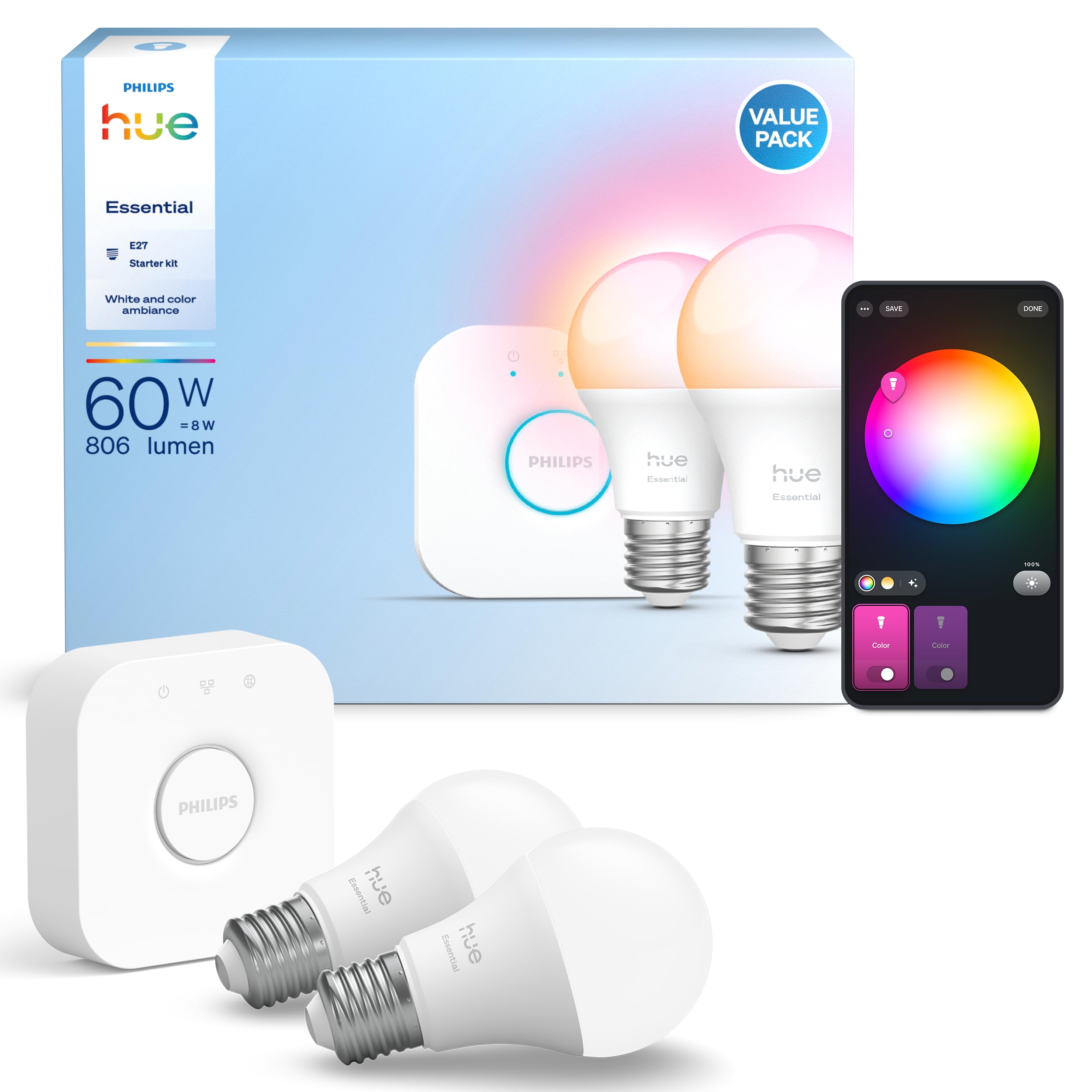 philips-hue-essential-starter-set-2x-e27-leuchtmittel-mit-806-lumen-inkl-hue-bri image 2