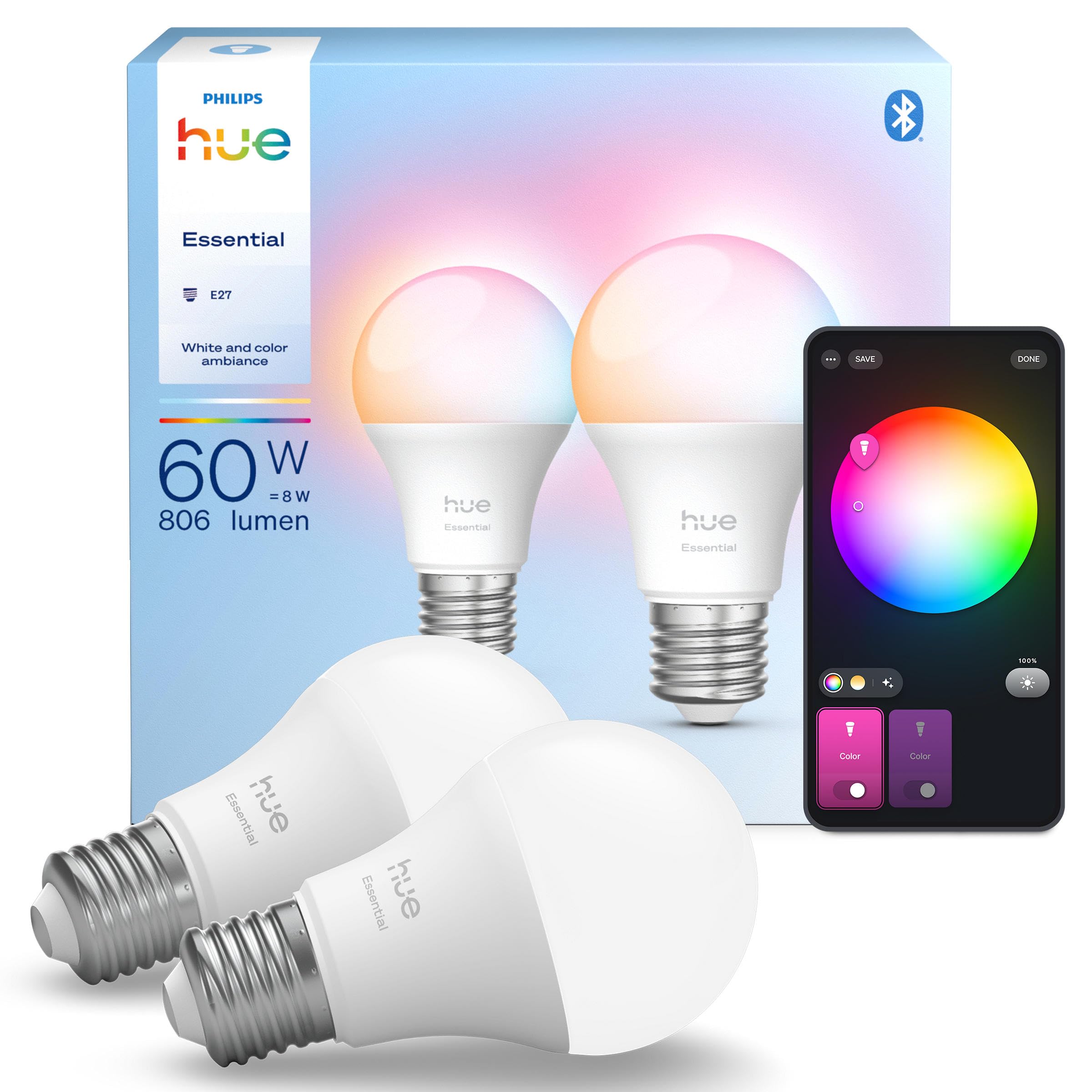 philips-hue-essential-8w-e27-smart-led-lampe-a60-white-color-806-lumen-2er-ecopa image 1